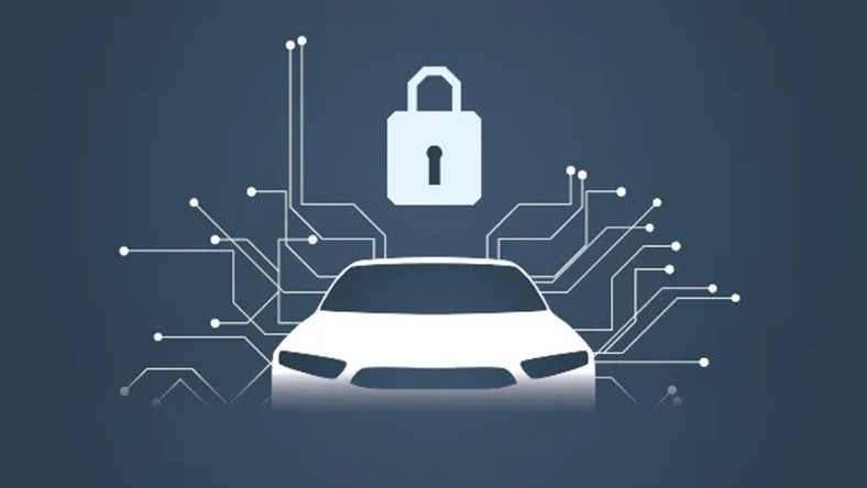 Automotive cybersecurity illustration highlighting secure connected vehicle systems