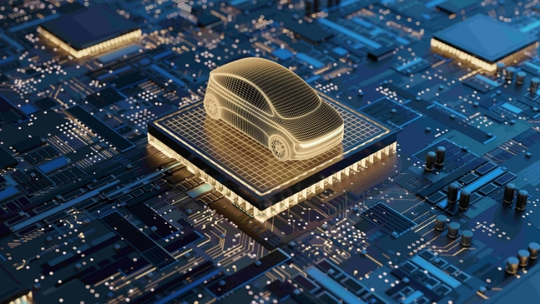 Futuristic connected car hologram positioned on semiconductor chip