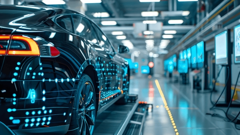 Modern vehicle in high-tech automotive testing facility