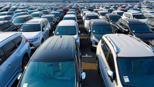 Overhead shot of a vehicle holding yard with rows of new cars and SUVs packed tightly together under open sky