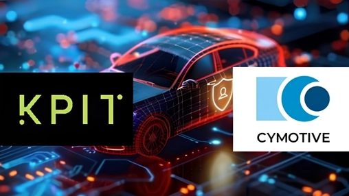 Connected car with a security shield and KPIT and Cymotive logos displayed against a dark digital background