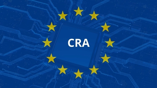 EU flag star circle surrounding a blue microchip with CRA text overlaid on a dark blue circuit board pattern