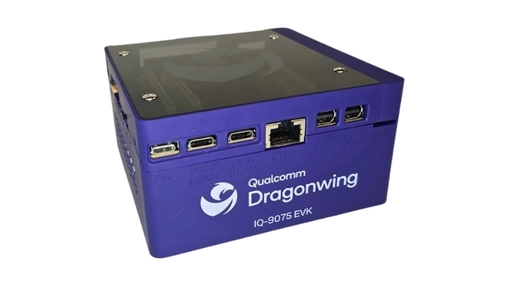 A blue Qualcomm Dragonwing branded IQ-9075 EVK device showing USB and Ethernet ports on a white background
