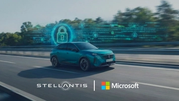 Stellantis EV on road with Microsoft cybersecurity digital overlay