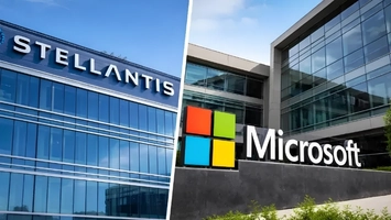 Stellantis and Microsoft office buildings with company branding