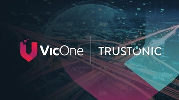 VicOne and Trustonic co-branded graphic with highway interchange and digital globe on dark background