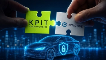 Two hands joining KPIT Technologies and Cymotive puzzle pieces above a digital car with a security shield